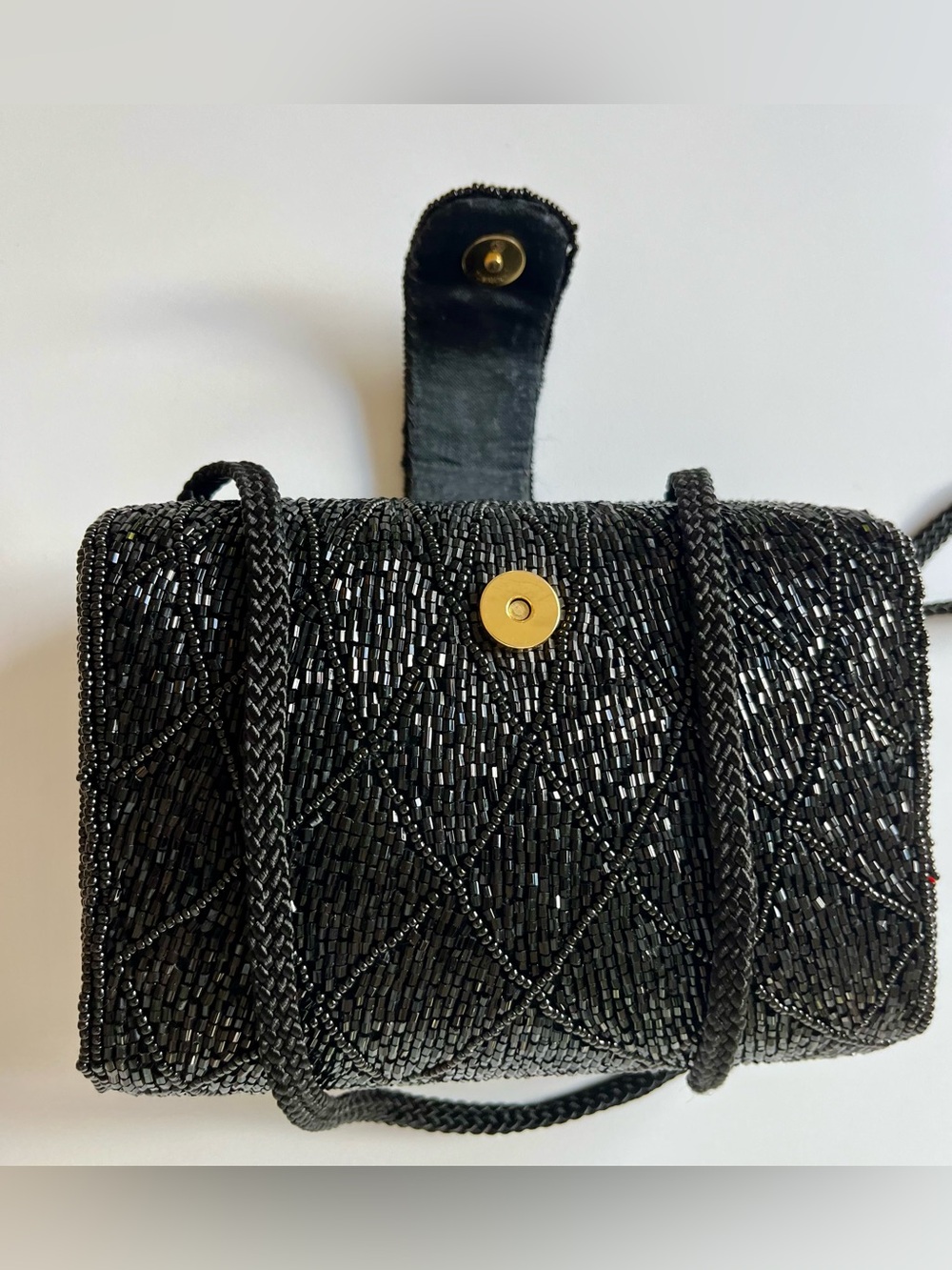 Vintage Black Glass Beaded Evening Bag Art Deco Clutch Crossbody Purse - Picture 5 of 9